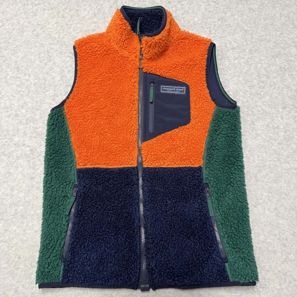 Vineyard Vines Vest Boys 16 Orange Green Fleece Colorblock Full Zip Pockets